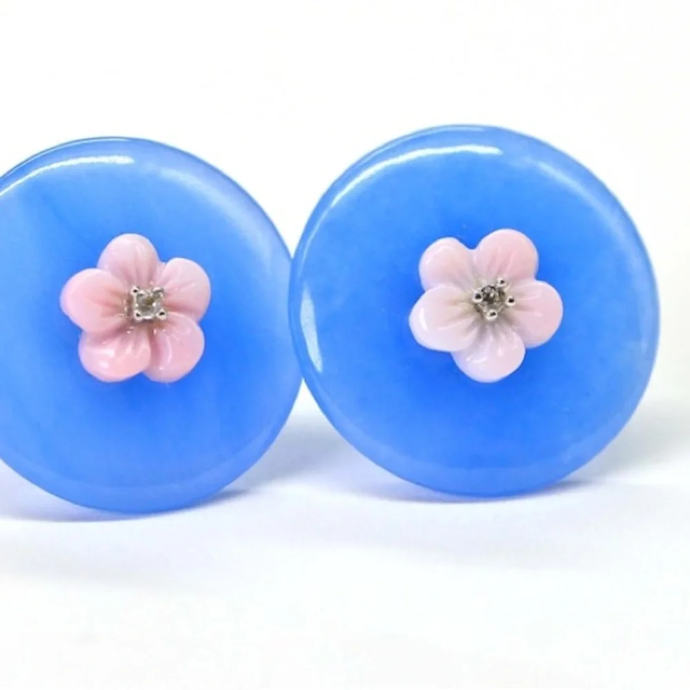 .925 Blue Jade Flower Stud Earrings floral Stud Sterling silver post earrings - Picture 2 of 9